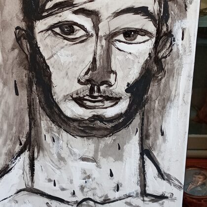 Un portrait (huile sur toile) N&B non encadré de l'artiste Pascal Briba, 46x31cm, VENDU