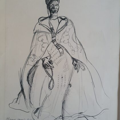 Tres grand dessin à l'encre d'un chef de tribu africaine, signé Renée Bernard. Années 40