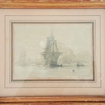 "Navire près d'un port au clair de lune", crayon noir rehaussé de gouache blanche VENDU