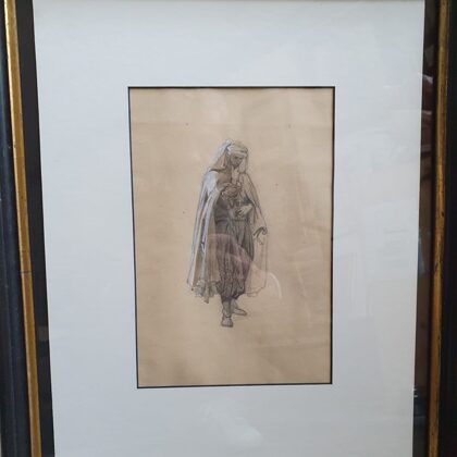 Dessin orientaliste d'un guerrier Maure, fusain, rehaussé de gouache. VENDU