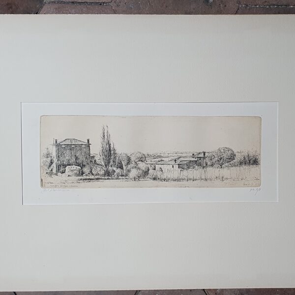 Gravure  "Paessaggio del piave a Nervesa" signé et daté, très bel encadrement.