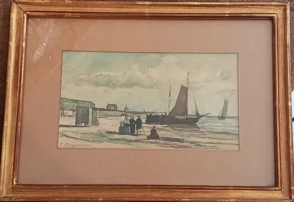 Aquarelle" Scène de plage" tel un "petit" Eugène Boudin, signée Johannes Jacobus Heppener 
