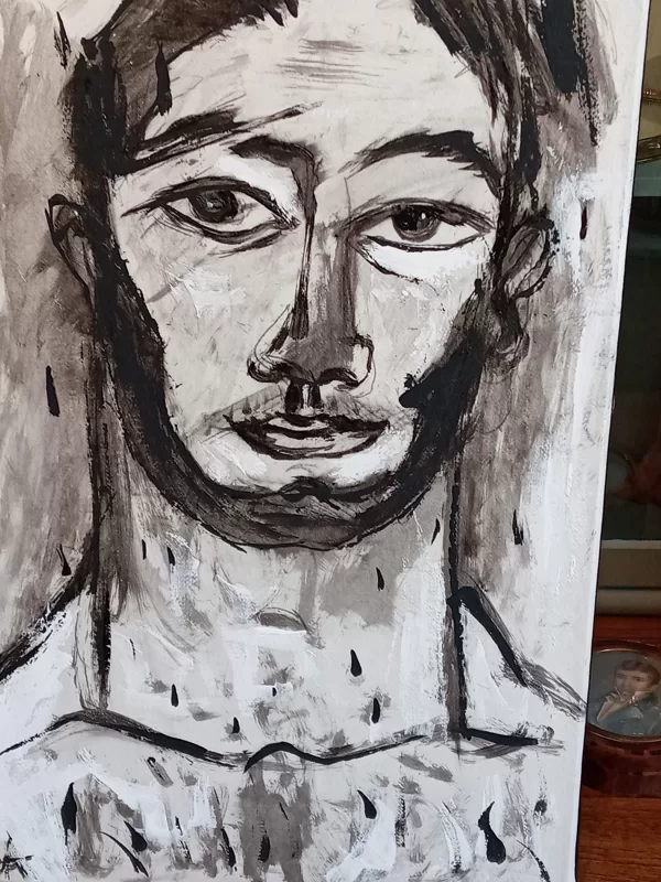 Un portrait (huile sur toile) N&B non encadré de l'artiste Pascal Briba, 46x31cm, VENDU
