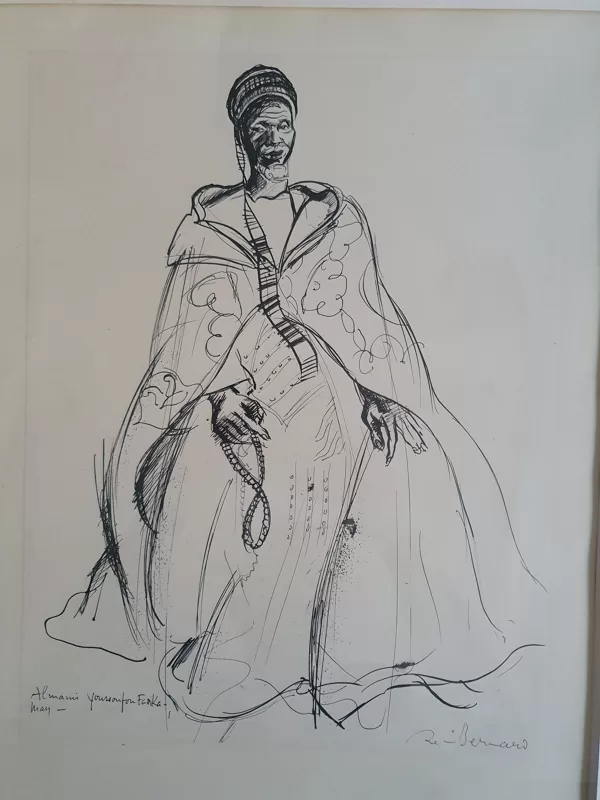 Tres grand dessin à l'encre d'un chef de tribu africaine, signé Renée Bernard. Années 40