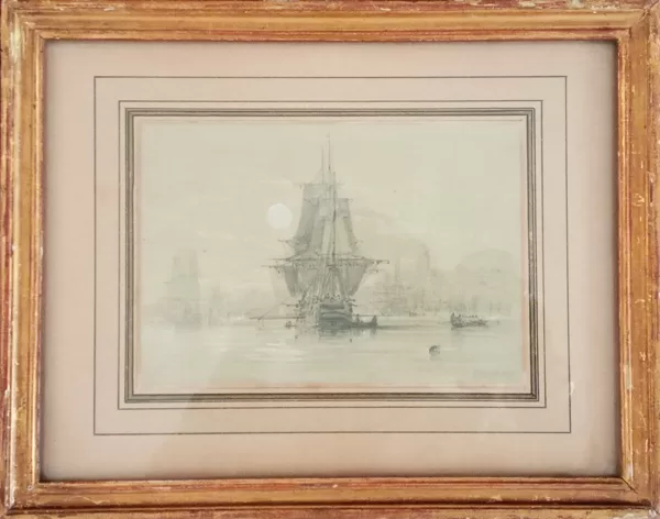 "Navire près d'un port au clair de lune", crayon noir rehaussé de gouache blanche VENDU