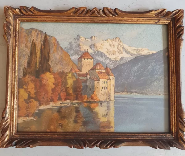 Château en suisse Pastel et aquarelle, signé  Hugo FREY 1878-1939 28x21  VENDU