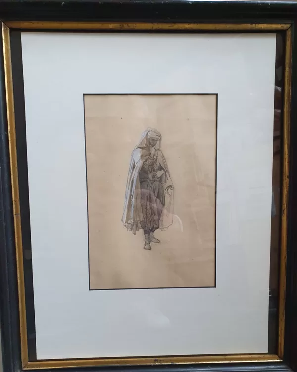 Dessin orientaliste d'un guerrier Maure, fusain, rehaussé de gouache. VENDU