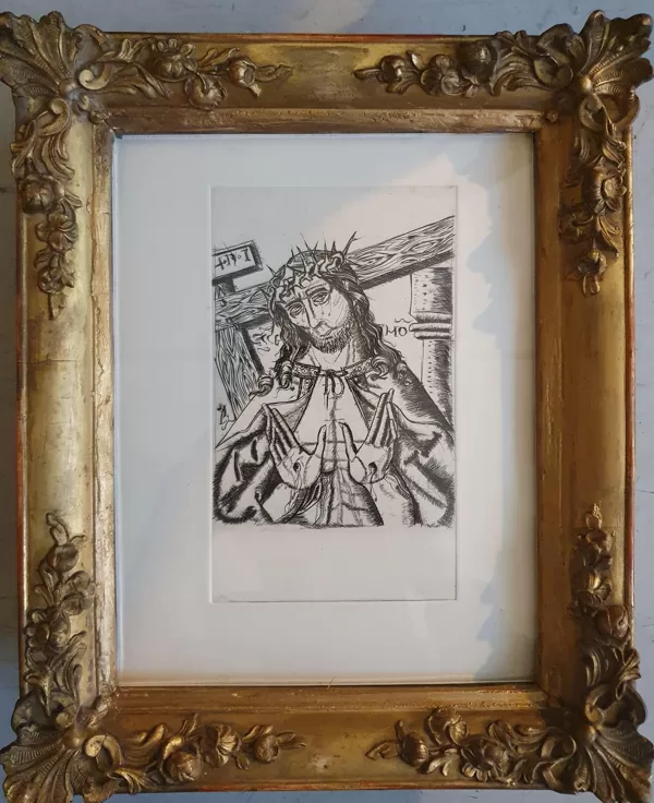 Christ en croix gravure cadre doré Raymonde Pascaud 10,5x18 VENDU