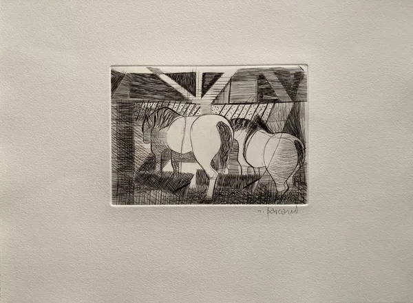 Gravure chevaux de clichy (18x13) signée Raymonde Pascaud VENDU