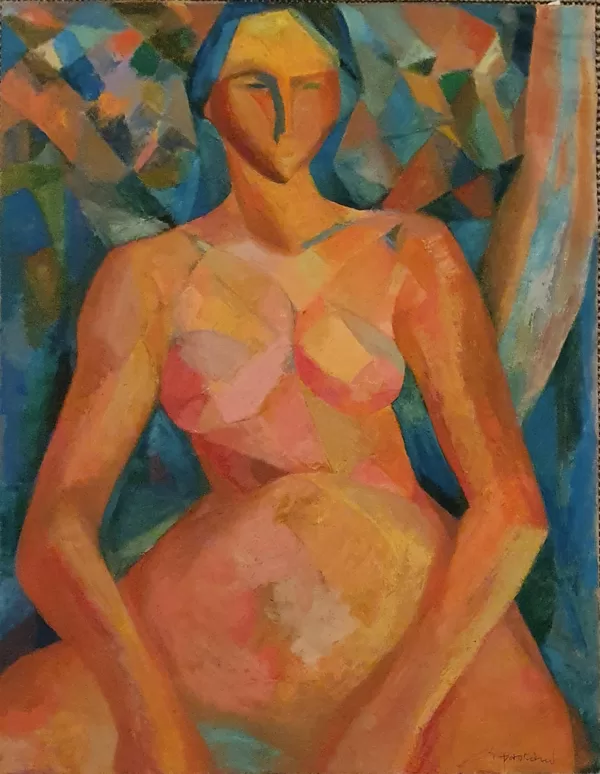 Nu féminin orange huile sur papier 50x65 Raymonde Pascaud