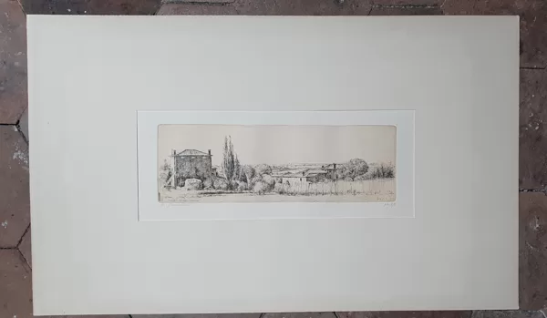 Gravure  "Paessaggio del piave a Nervesa" signé et daté, très bel encadrement.